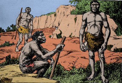 Prähistorie: Darstellung von Homo rhodesiensis oder Mann von Broken Hill, Vorfahre von Homo sapiens, dessen Fossilien in Rhodesien (heutiges Sambia in Afrika) entdeckt wurden. Zeichnung von A. Forestier. DR von Amedee Forestier