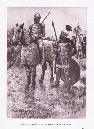 Der Cataphractus oder gepanzerte Kavallerist, Illustration aus Der römische Soldat, 1928 von Amedee Forestier