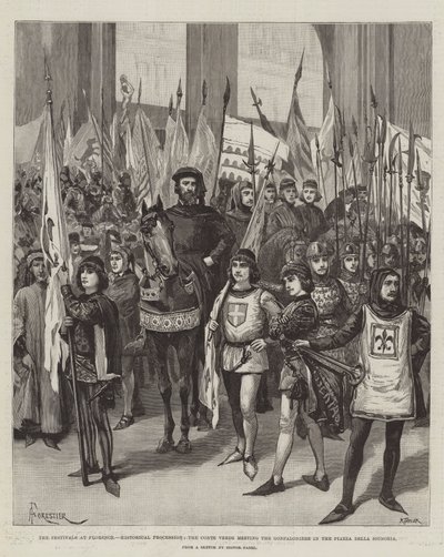 Die Feste in Florenz, Historische Prozession, der Conte Verde trifft den Gonfaloniere auf der Piazza della Signoria von Amedee Forestier
