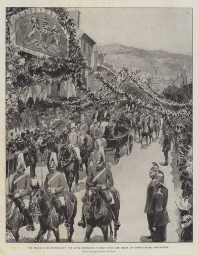 Der Prinz in seinem Fürstentum, der königliche Umzug in der Great Duke Gate Street und North Parade, Aberystwith von Amedee Forestier