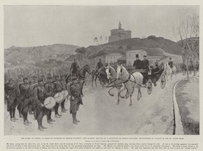 Die Königin in Cimiez, ein angenehmes Beispiel französischer Höflichkeit, Ihre Majestät wird von einem Bataillon französischer Infanterie gegrüßt, das zufällig auf der St Andre Road getroffen wurde von Amedee Forestier