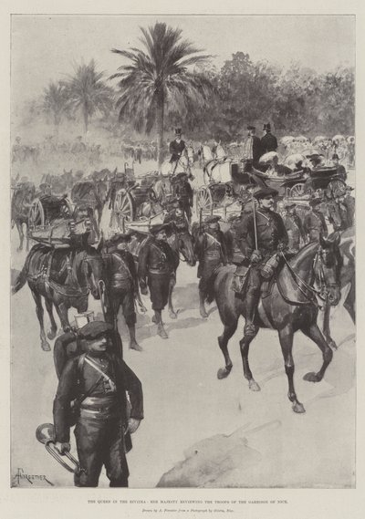 Die Königin an der Riviera, Ihre Majestät inspiziert die Truppen der Garnison von Nizza von Amedee Forestier