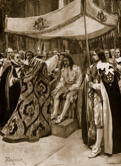 Die Salbung von Karl I. durch George Abbot, Erzbischof von Canterbury, in der Westminster Abbey, am Lichtmesstag, 1626, aus 