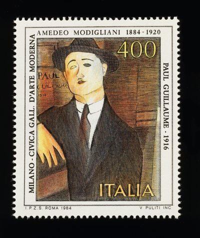 Briefmarke aus der Serie Italienische Kunst zu Ehren von Amedeo Modigliani (1884-1920), zeigt Porträt von Paul Guillaume (1916), 400-Lire-Marke von Amadeo (after) Modigliani