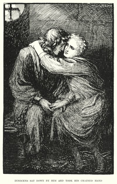 Innocens setzte sich zu ihm und nahm seine gefesselte Hand (Gravur) von Amelia M. (attr.to) Bowerley or Bauerle
