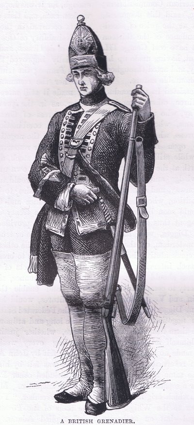 Ein britischer Grenadier, Illustration aus Cassells Geschichte der Vereinigten Staaten, veröffentlicht von Cassell, Petter & Galpin, ca. 1900 (Lithografie) von American English school