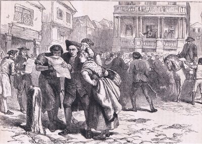 Bostoner lesen das Stempelgesetz, Illustration aus Cassells Geschichte der Vereinigten Staaten, veröffentlicht von Cassell, Petter & Galpin, ca. 1900 (Litho) von American English school