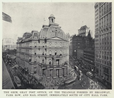 Das grimmige, graue Postamt, auf dem Dreieck gebildet von Broadway, Park Row und Mail Street, direkt südlich des City Hall Parks von American Photographer