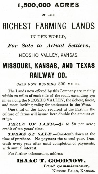 1.500.000 Morgen der reichsten Ackerflächen der Welt, im Neosho-Tal, Kansas, Anzeige aus Appletons Journal, 4. Mai 1872 von American School