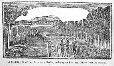 Ein Sachem der Abenakee-Nation rettet einen englischen Offizier, Illustration aus Bickerstaffs Boston Almanack, veröffentlicht 1768 von American School
