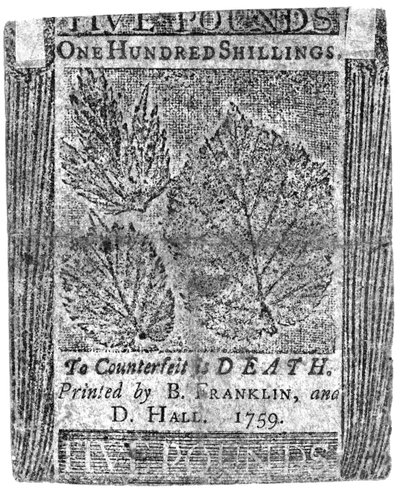 Eine Hundert-Schilling-Note, gedruckt von B. Franklin und D. Hall, 1759 von American School