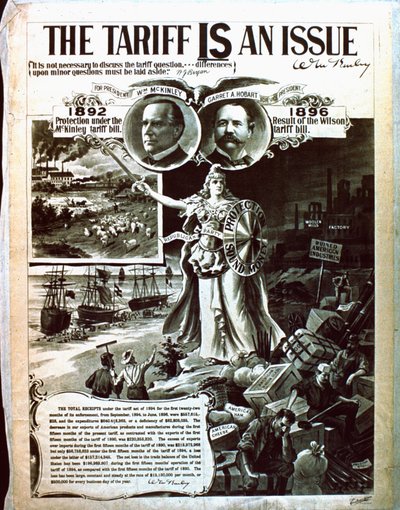Ein politisches Plakat, das McKinleys Steuergesetz über Wilsons befürwortet von American School