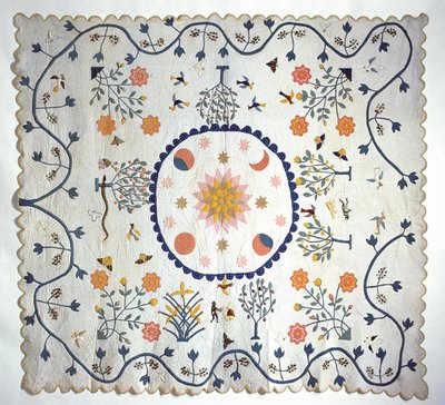 Applikationsquilt mit Sonne, Mond, Sternen und dem Garten Eden, aus Arkansas, ca. 1850-80 (Baumwolle) von American School