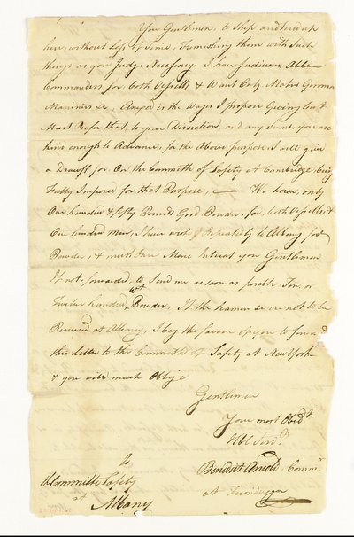 Arnold Benedict (1741-1801) General, Kontinentalarmee, Verräter. Autographenbrief unterzeichnet ("Benedict Arnold Commr. at Ticonderoga") an das Sicherheitskomitee in Albany, Ticonderoga, 22. Mai 1775 von American School