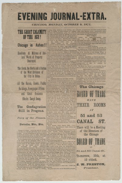 Artikel aus dem Chicago Evening Journal-Extra über das Chicagoer Feuer von 1871, 9. Oktober 1871 von American School