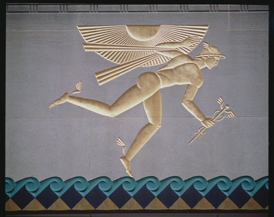 Basrelief, das Merkur darstellt, von der Außenseite eines der 14 Gebäude, gebaut 1931-40 von American School