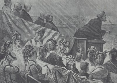 Brigham Young beobachtet von seinen vielen jungen Frauen beim Predigen im Großen Mormonentempel, Utah von American School