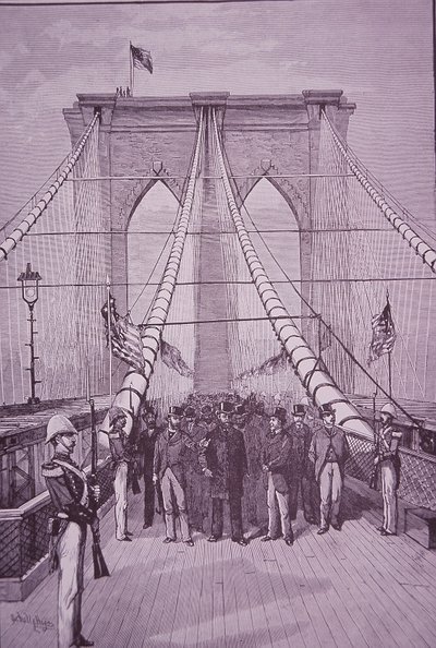 Brooklyn Bridge, Präsident Arthur bei der Eröffnungszeremonie, 24. Mai 1883 (Stich) von American School
