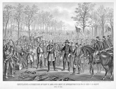 Kapitulation und Übergabe von Robt. E. Lee und seiner Armee in Appomattox Chi., Va. an Lt. Genl. U.S. Grant, 9. April 1865, veröffentlicht 1885 von American School