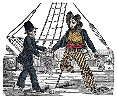 Kapitän Mackra und der Pirat mit Holzbein. Gravur aus „The Pirates Own Book“ 19. Jahrhundert von American School