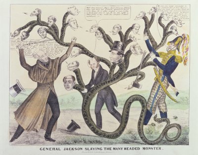 Karikatur von General Jackson (1767-1845), der das vielköpfige Monster tötet, veröffentlicht von H.R. Robinson, ca. 1836 von American School