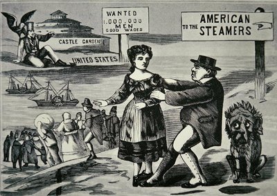 Karikatur, die John Bull zeigt, wie er versucht, den zunehmenden Strom von Arbeitern in die USA zu stoppen, um 1850 von American School