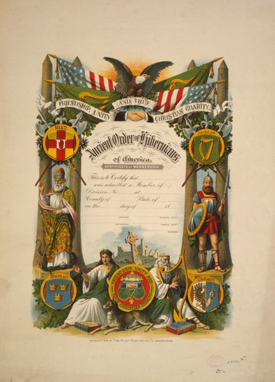 Mitgliedschaftszertifikat im Ancient Order of Hibernians of America, ca. 1894 von American School