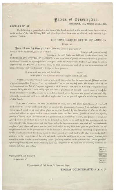 Rundschreiben Nr. 12, ein leerer Antrag auf Befreiung vom Dienst in der Konföderierten Armee, 24. März 1864 von American School