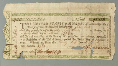 Kontinentales Darlehenszertifikat Nummer 4863, unterzeichnet vom Schatzmeister Francis Hopkinson, 26. März 1781 von American School