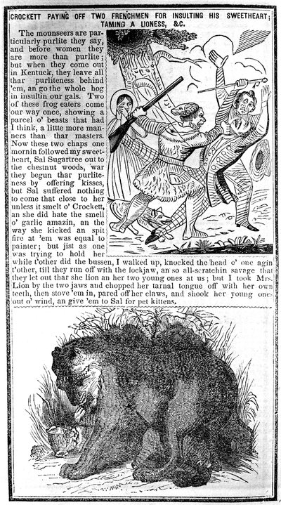 Davy Crockett zahlt zwei Franzosen für die Beleidigung seiner Geliebten heim, zähmt eine Löwin usw., Illustration aus Crocketts Almanach von American School