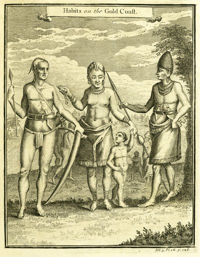 Kleidung der Menschen von Cape Lope Gonsalvo und Rio Gabon, Illustration aus "Habits on the Gold Coast" von Thomas Astley, 1745-47 von American School