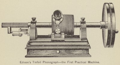 Edisons Zinnfolien-Phonograph, die erste praktische Maschine (Stich) von American School