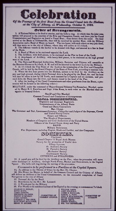 Erie-Kanal: Schlüsselteil des New York State Canal Systems; Flugblatt vom 8. Oktober 1823 zur Feier der Eröffnung (vollendet 1825) von American School