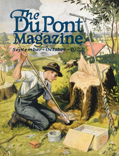 Bauer pflanzt DuPont Dynamit, Titelseite des DuPont Magazins, September-Oktober 1922 von American School