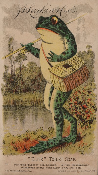 Frosch geht angeln, Werbung für J D Larkins Elite Toilettenseife, 1882 von American School