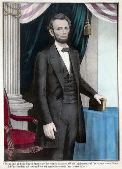 Ganzkörperporträt von Abraham Lincoln, veröffentlicht 1865 (Farblithografie) von American School