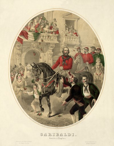 Garibaldi, Einzug in Neapel, veröffentlicht 1860 (handkolorierte Gravur) von American School