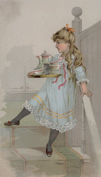 Mädchen trägt einen Kaffeetopf auf einem Tablett von American School