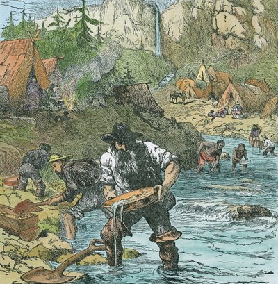 Goldwäsche in Kalifornien, aus einem Buch veröffentlicht 1896 (handkolorierte Gravur) von American School