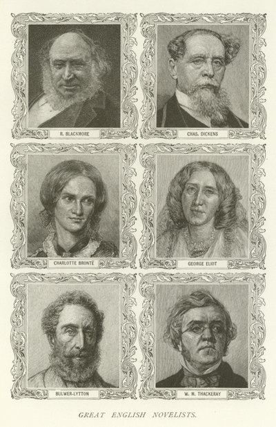 Große englische Romanautoren, R. Blackmore, Charles Dickens, Charlotte Bronte, George Eliot, Bulwer-Lytton, W. M. Thackeray von American School