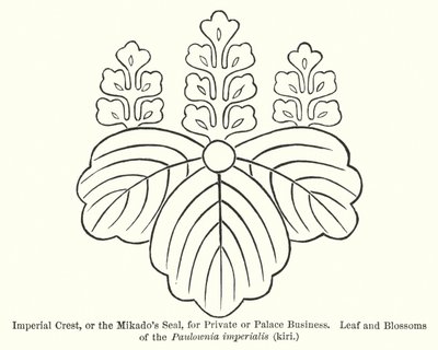 Kaiserliches Wappen, oder das Siegel des Mikado, für private oder Palastgeschäfte, Blatt und Blüten der Paulownia imperialis, kiri (Gravur) von American School