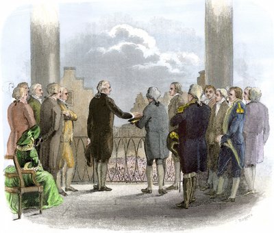 Investitur von George Washington (1732-1799) (Farbgravur) von American School