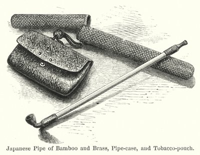 Japanische Pfeife aus Bambus und Messing, Pfeifenkasten und Tabakbeutel (Gravur) von American School