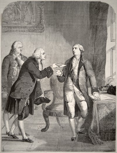 John Adams (1735-1826) als erster amerikanischer Botschafter am englischen Hof, überreicht seine Beglaubigungsschreiben an König George III (1738-1820) von American School