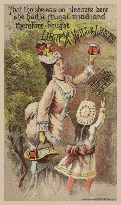 Dame und Mädchen werben für Corned Beef von American School