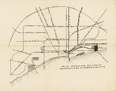 Karte mit Eisenbahnverbindungen zum geplanten Standort der Weltausstellung am Nordufer von American School