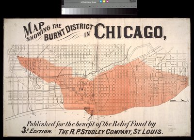 Karte des abgebrannten Bezirks in Chicago, um 1872 von American School