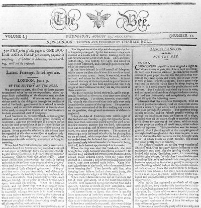 Kopfzeile von The Bee, gedruckt am 23. August 1797 von American School