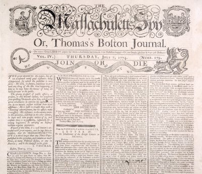 Kopfzeile des Massachusetts Spy, 7. Juli 1774 von American School