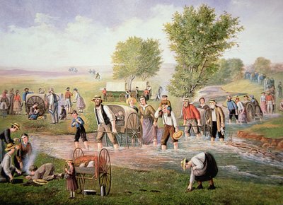Mormonische Pioniere ziehen Handkarren auf der langen Reise nach Salt Lake City im Jahr 1856 von American School